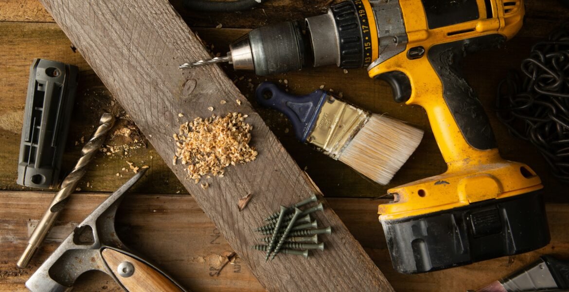 DIY tools arranged on a workbench for home improvement projects